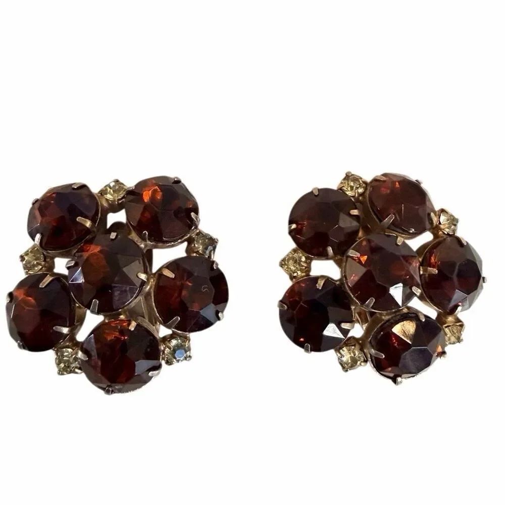 Clip-On Amber Rhinestone Cluster Earrings